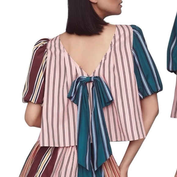 Maeve Anthropologie Taffeta Bow Swing Blouse Puff Sleeve size XS Pink Stripe - Picture 2 of 10